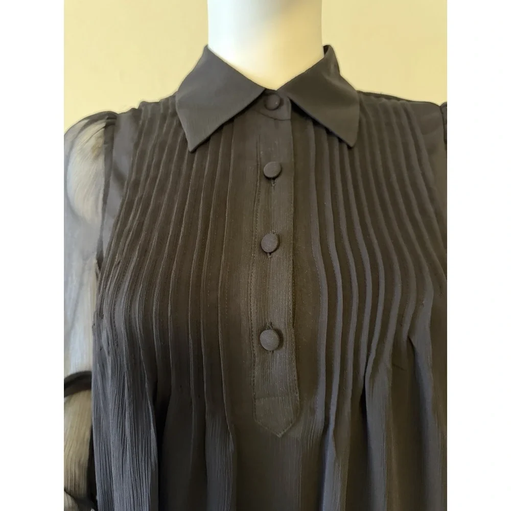 NINE WEST Shift‎ Dress Balloon Sleeve Black Chiffon Pleated Button Accent  XS